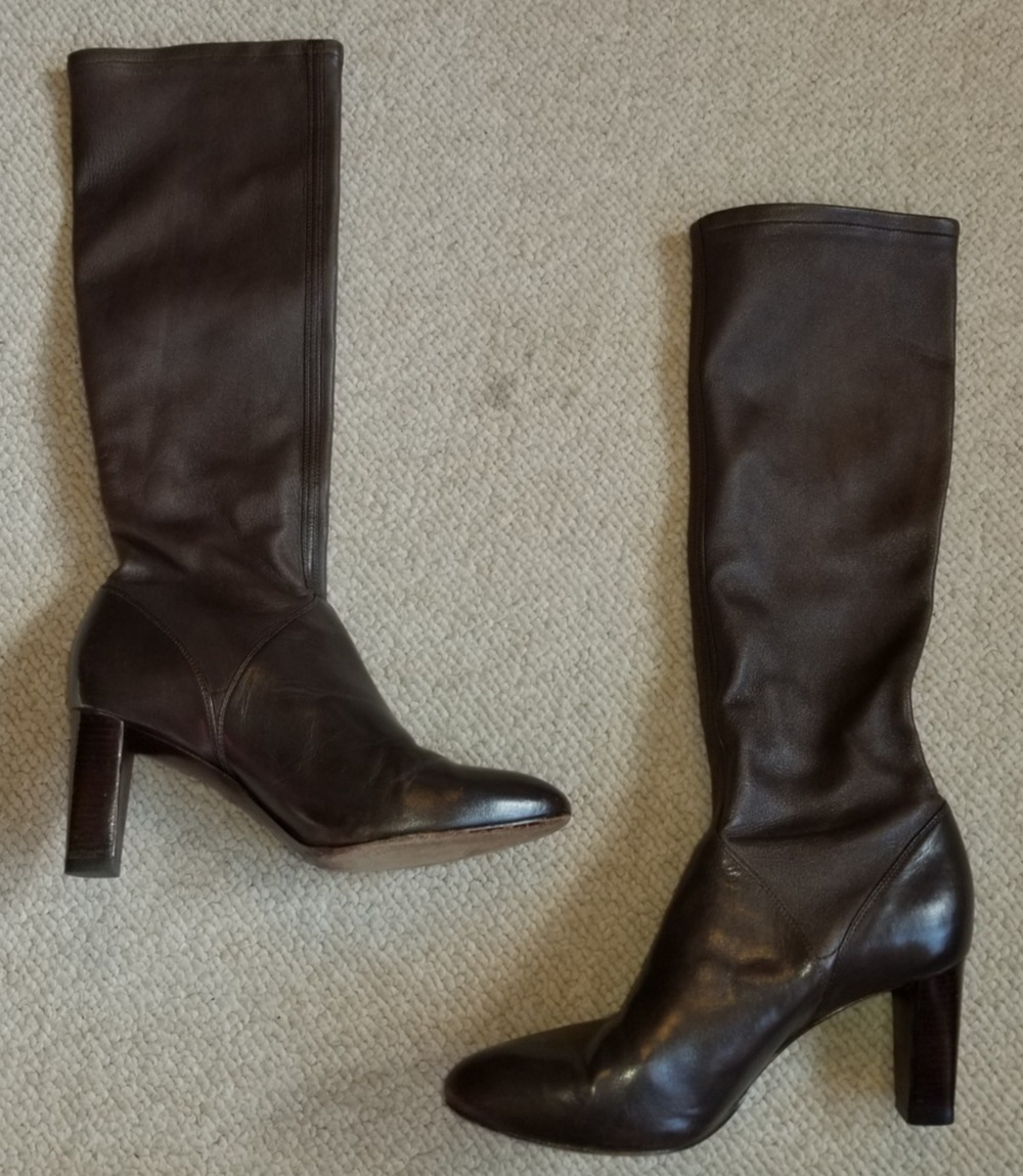 Womens Boots-COLE HAAN-NIKEAIR-brown leather knee boots pull-on 3-inch-7.5 B